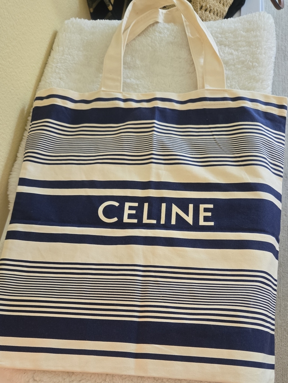 *Authentic* Celine Navy and Cream Striped Canvas Tote